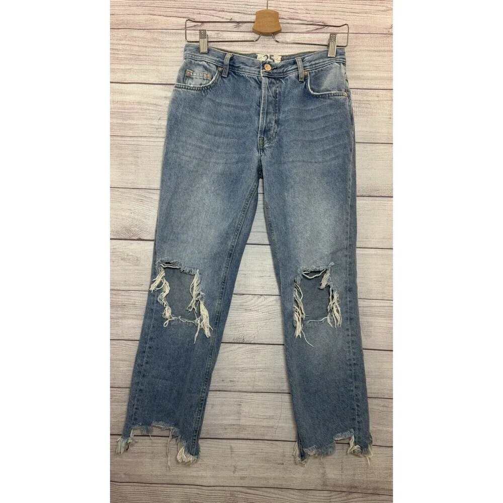 Free People We the Free Maggie Straight Leg Distressed Jeans Women 25 Button Fly